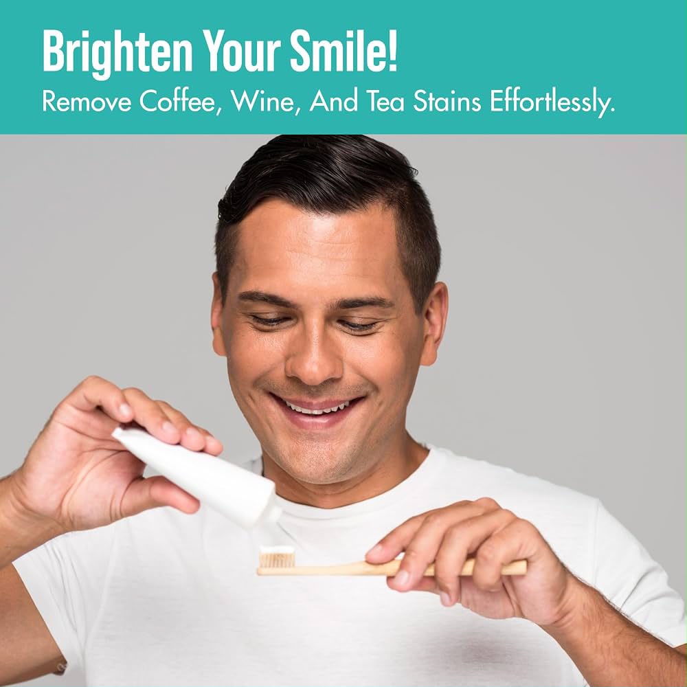 Cali White B12 toothpaste shown during brushing with bright-smile message