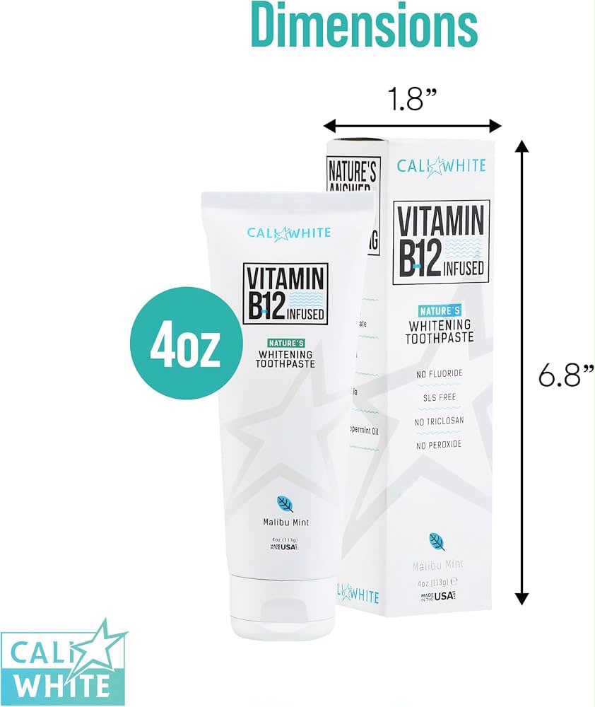 Cali White B12 toothpaste 113 gram tube and box dimensions