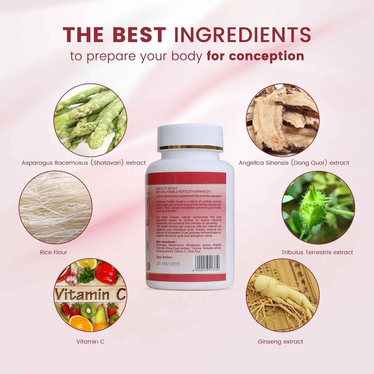 WinsTown fertility support tablets with pictured botanical ingredients